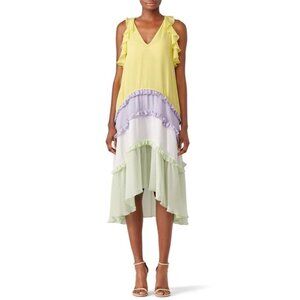 Three Floor Limelight Dress Sleeveless V-Neck Ruffle Tiered Midi Yellow Multi 2